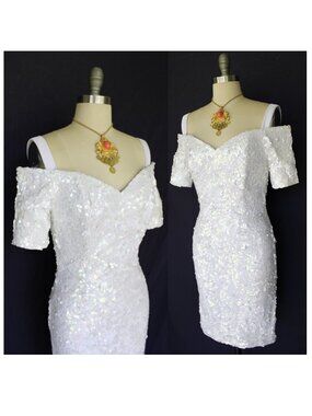 Mondi White Iridescent Sequin Off-Shoulder Cocktail Dress
